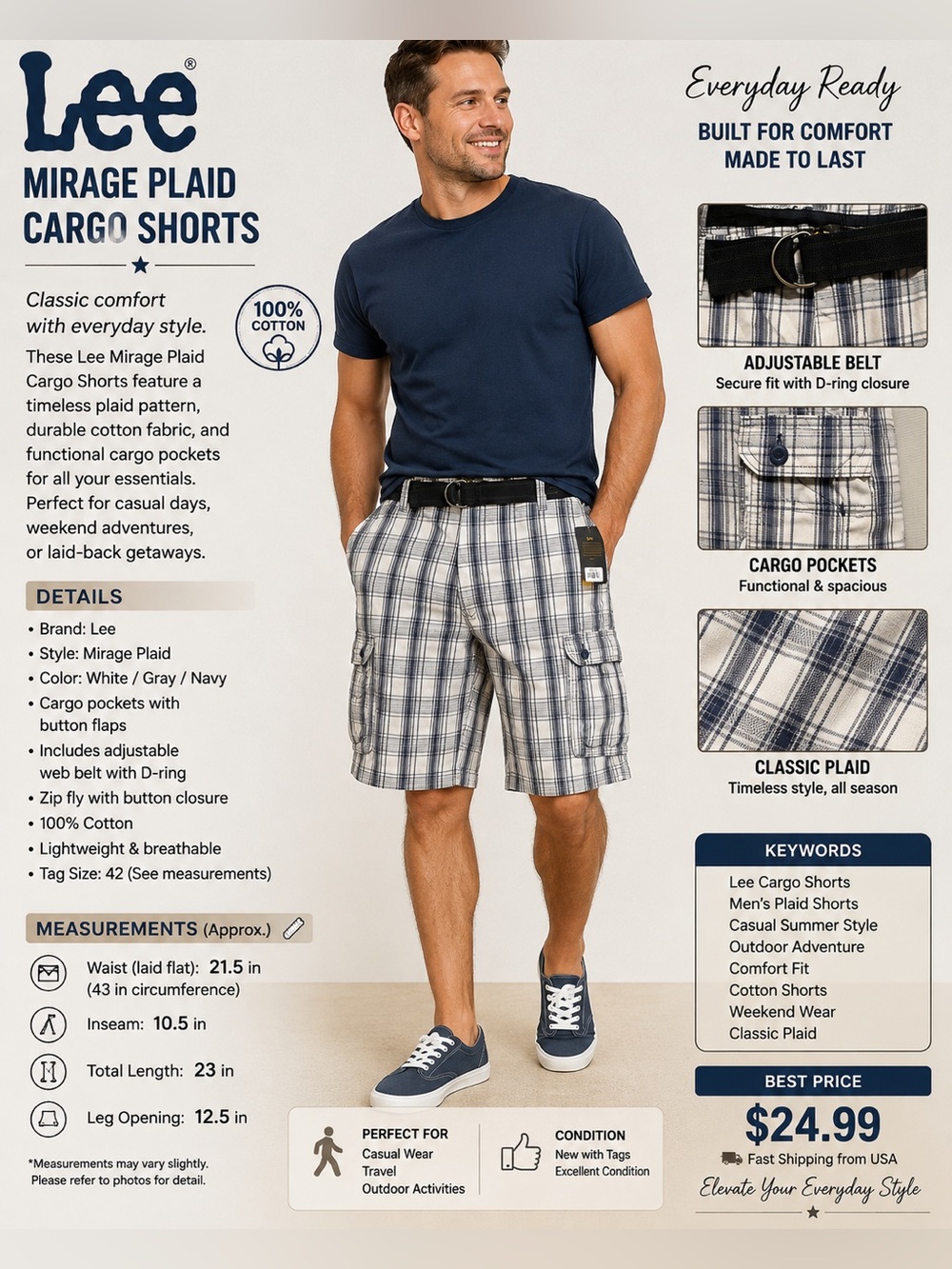 Lee Men’s White and Navy Plaid Cargo Shorts with Black Belt